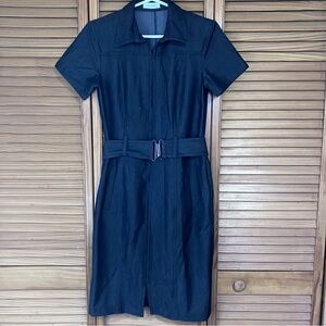 Corporate Chic Vintage Style Belted Dark Denim Sheath Dress-Size 2